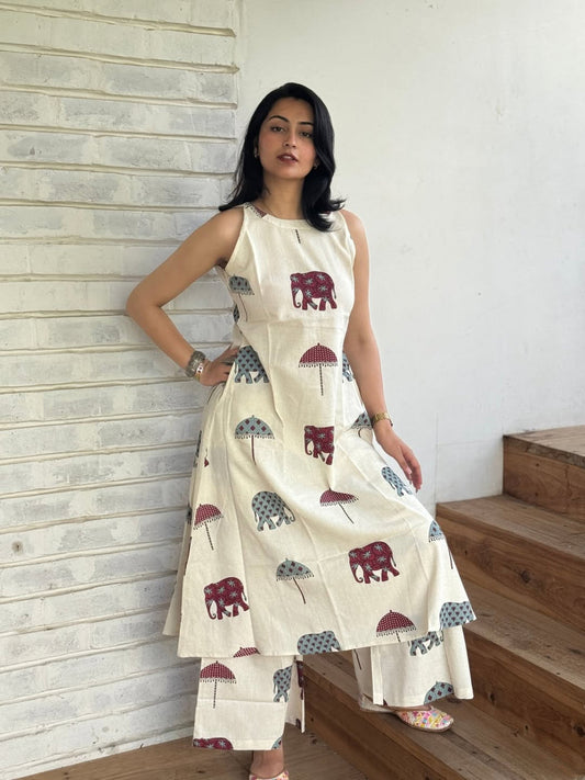 Off-White Cotton Elephant Print Sleeveless A-Line Kurta with Palazzo Set For Women