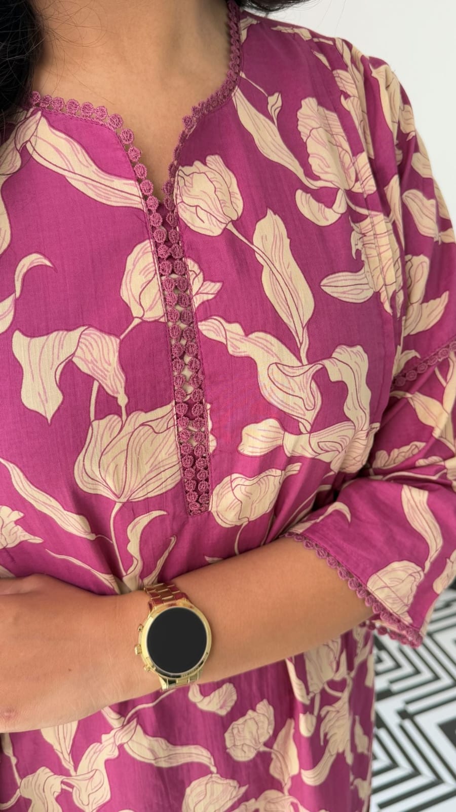 Magenta Purple Floral Vine Print Kurta Pant Set with Lace Detail For Women