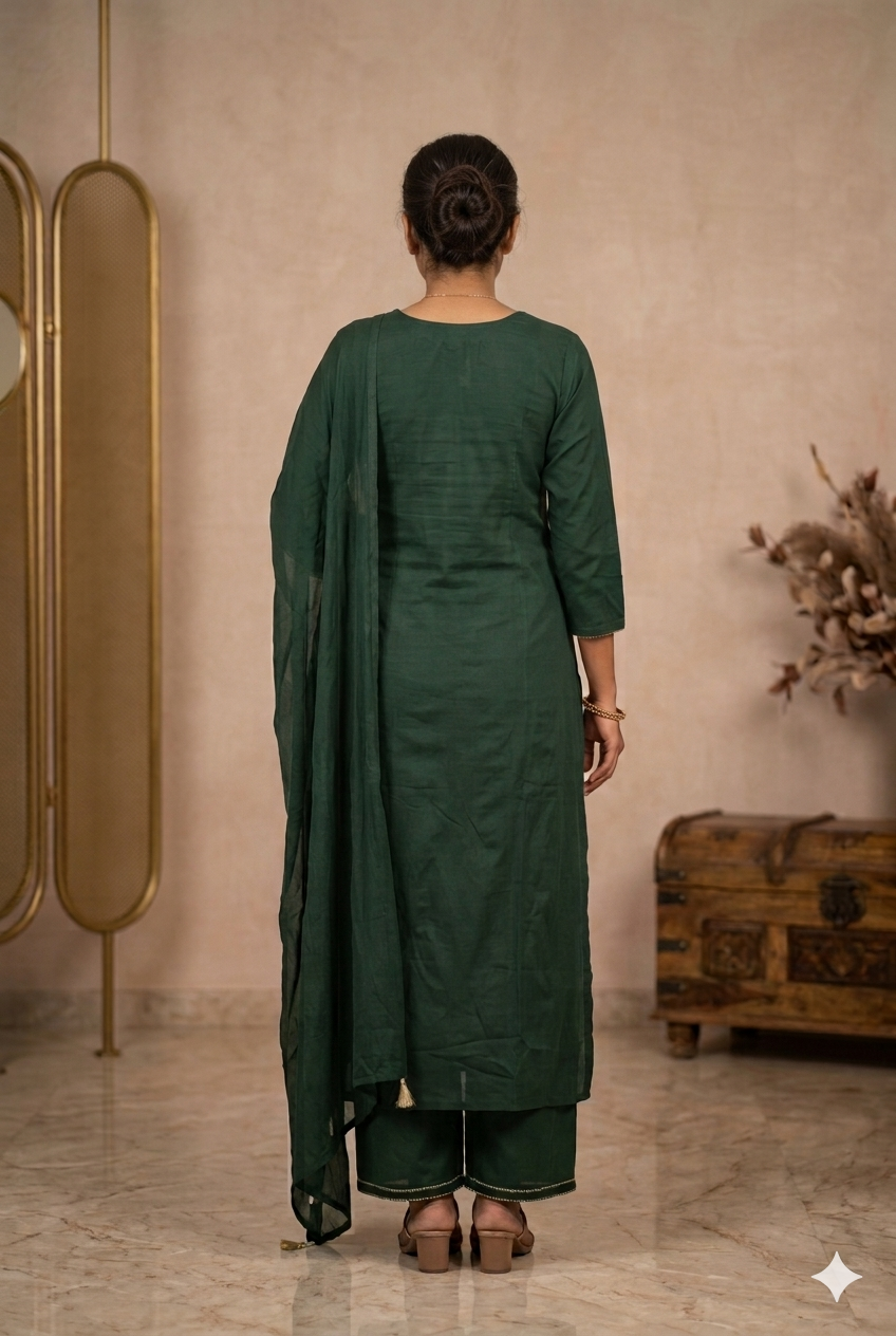 Elegant Bottle Green Floral Embroidered Kurta Set with Pant & Dupatta
