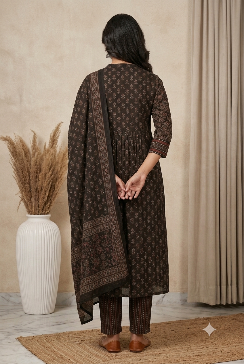 Elegant Charcoal Black Cotton Anarkali Suit Set with Traditional Floral Butis & Geometric Borders
