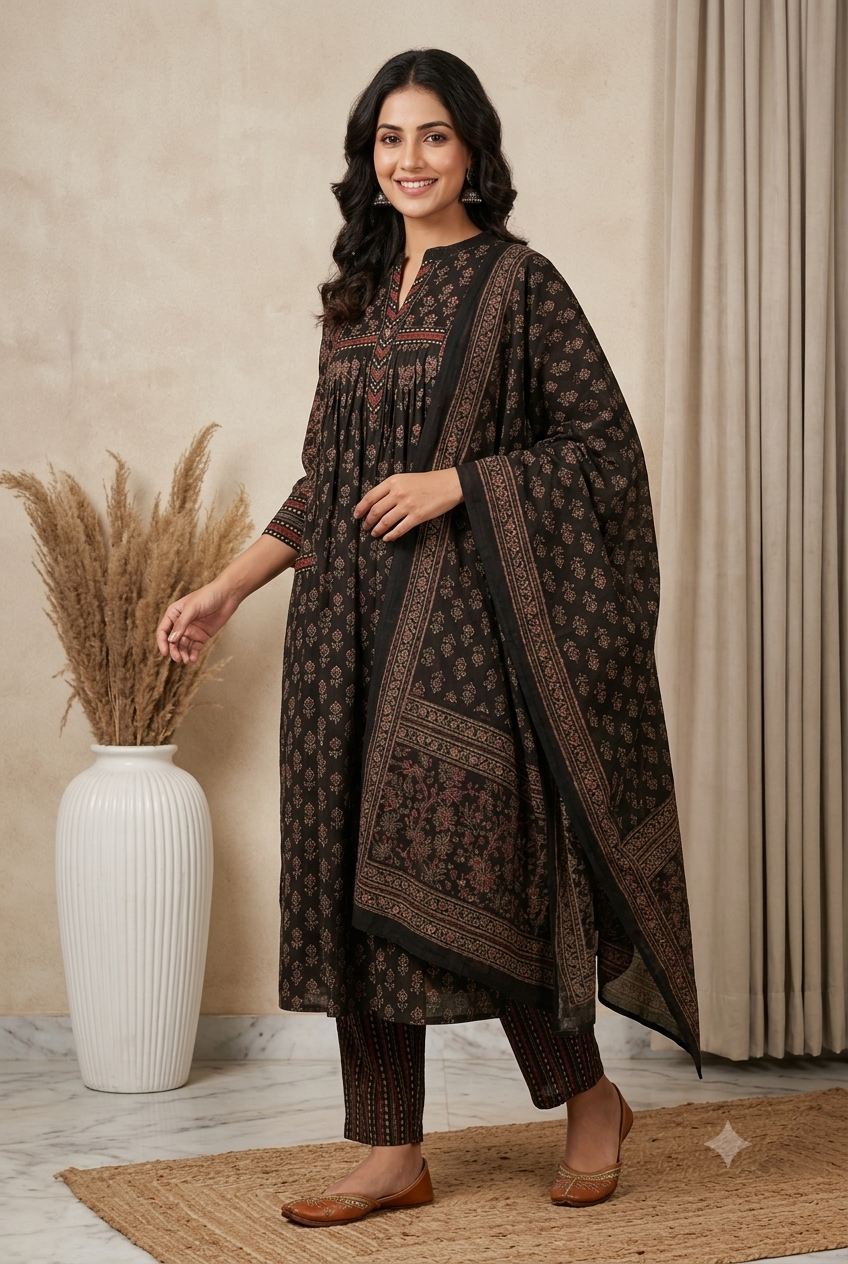 Elegant Charcoal Black Cotton Anarkali Suit Set with Traditional Floral Butis & Geometric Borders