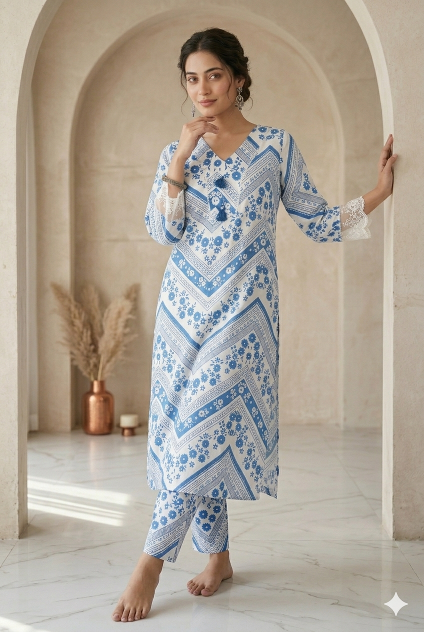 Elegant Blue and White Floral Printed Kurta Set with Lace Details - 2 Piece Co-Ord Set for Women