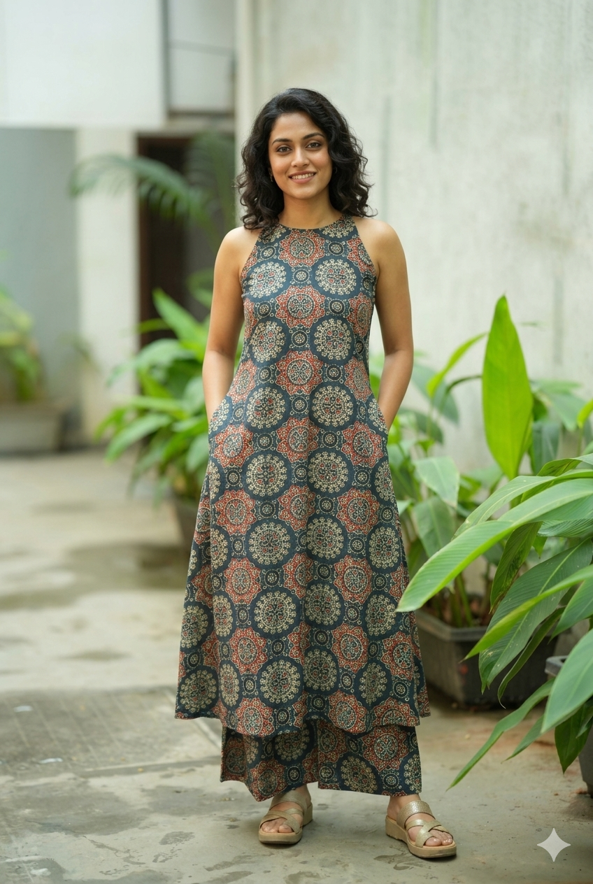 Elegant Dark Teal Mandana Block Print High-Low Kurta with Palazzo Set