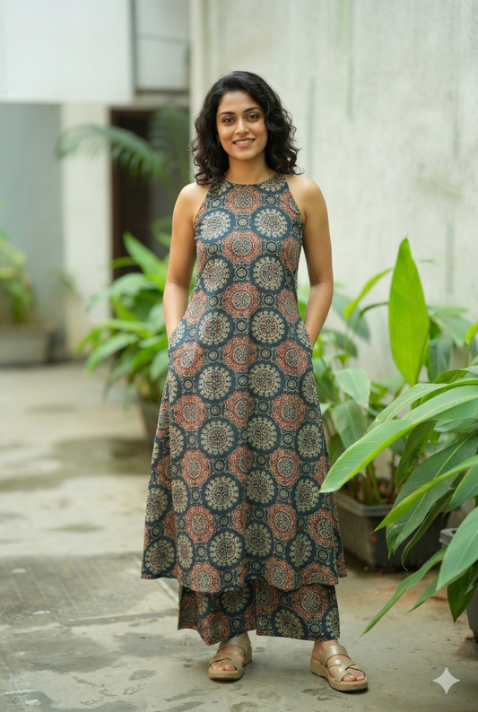 Elegant Dark Teal Mandana Block Print High-Low Kurta with Palazzo Set