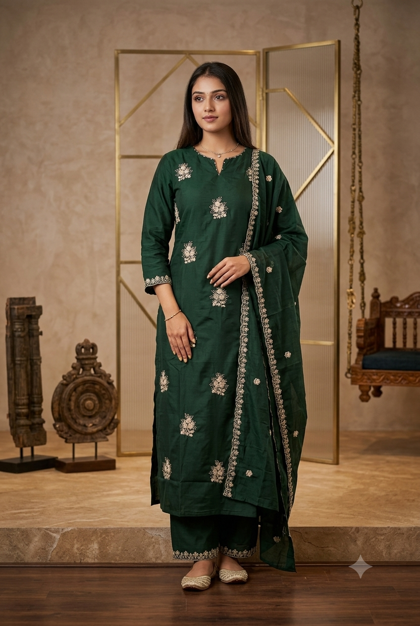 Regal Deep Green Silk Kurta Set with Zari Embroidery, Pant & Scalloped Dupatta