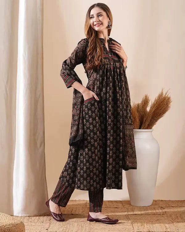 Dark Brown Cotton Floral Print Flared Kurta Pant with Dupatta Set For Women