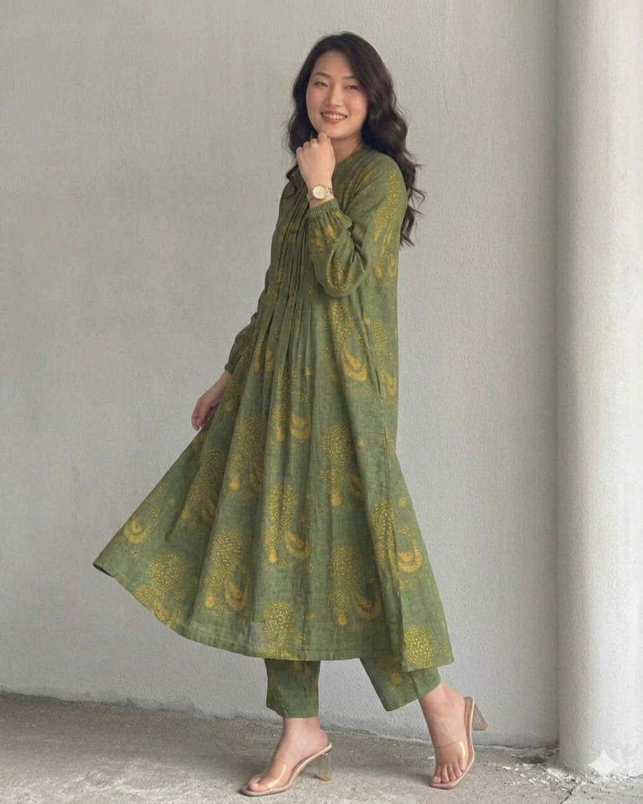 Women's Olive Green Printed Ethnic Co-ord Set