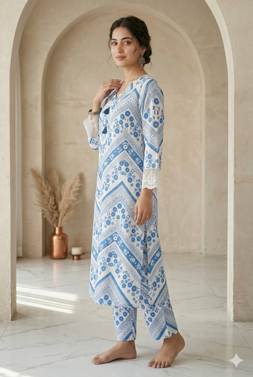 Elegant Blue and White Floral Printed Kurta Set with Lace Details - 2 Piece Co-Ord Set for Women