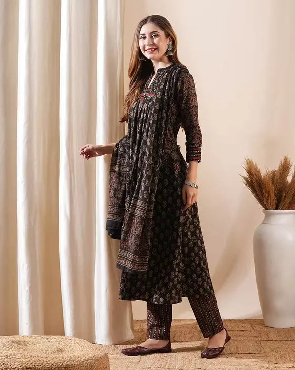 Dark Brown Cotton Floral Print Flared Kurta Pant with Dupatta Set For Women