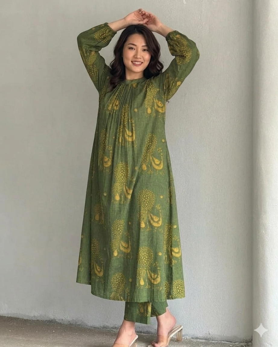 Women's Olive Green Printed Ethnic Co-ord Set