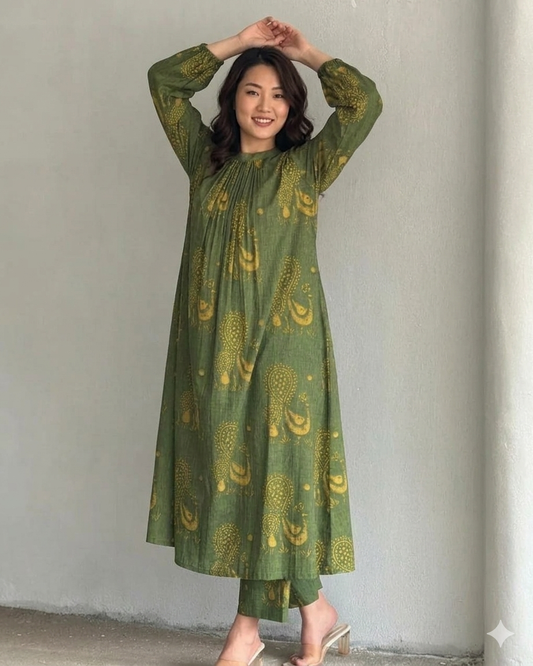 Women's Olive Green Printed Ethnic Co-ord Set