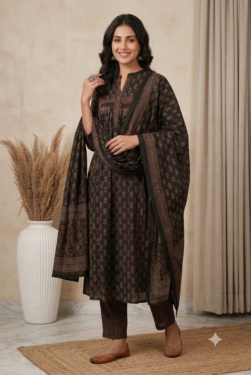 Elegant Charcoal Black Cotton Anarkali Suit Set with Traditional Floral Butis & Geometric Borders