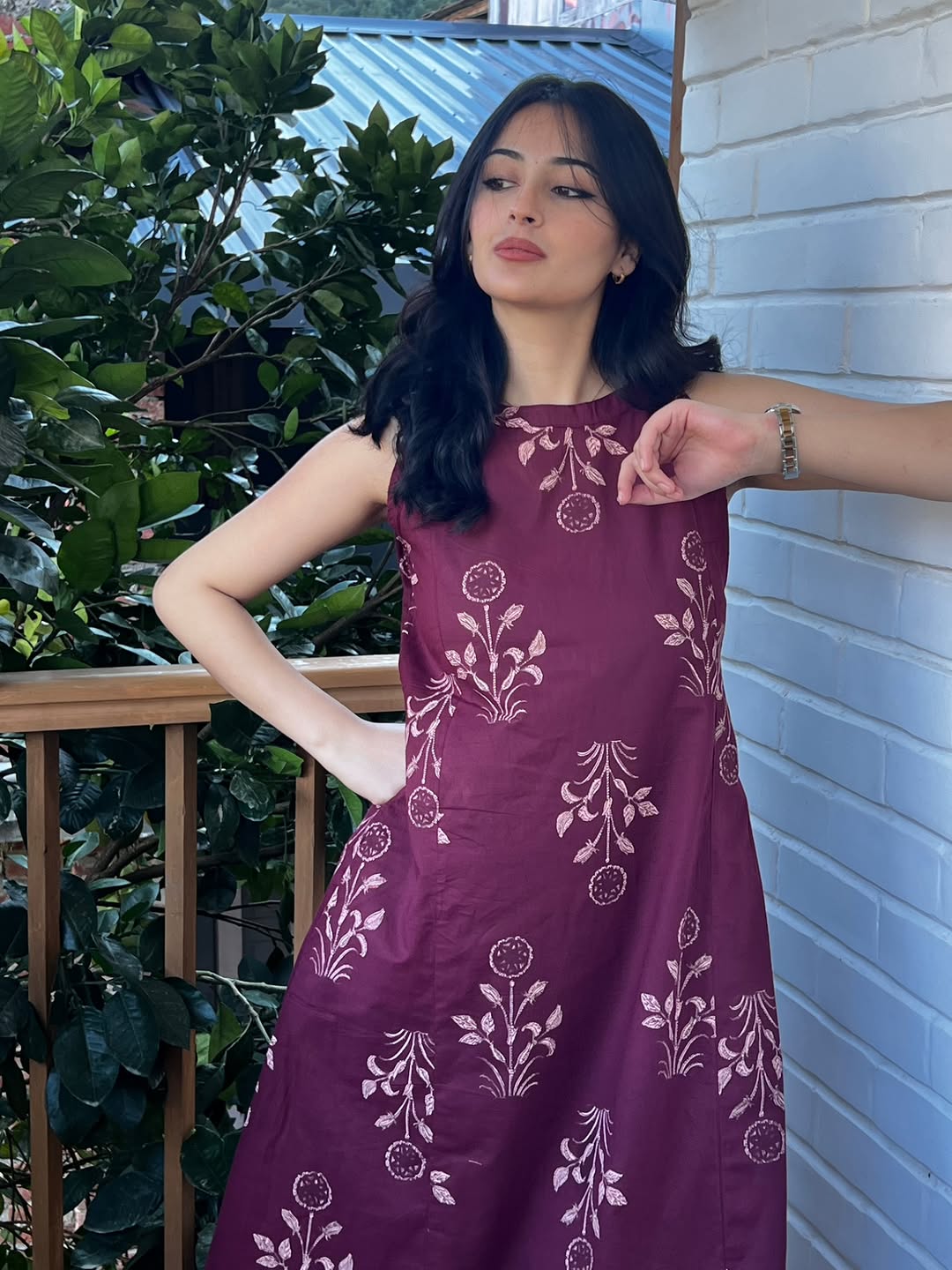Maroon Cotton Floral Block Print Sleeveless Kurta And Pant Set For Women