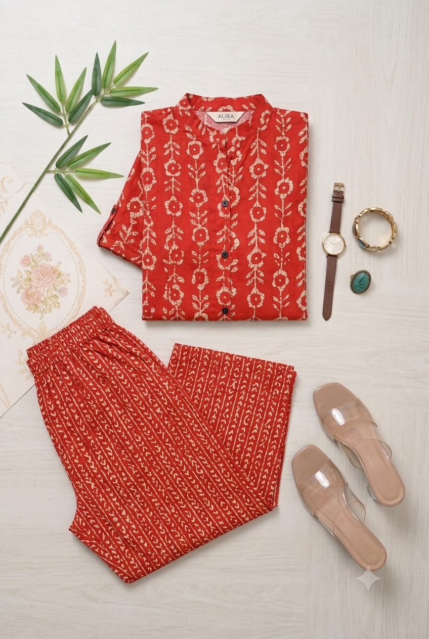 Red Cotton Printed Straight Kurta with Pant Set