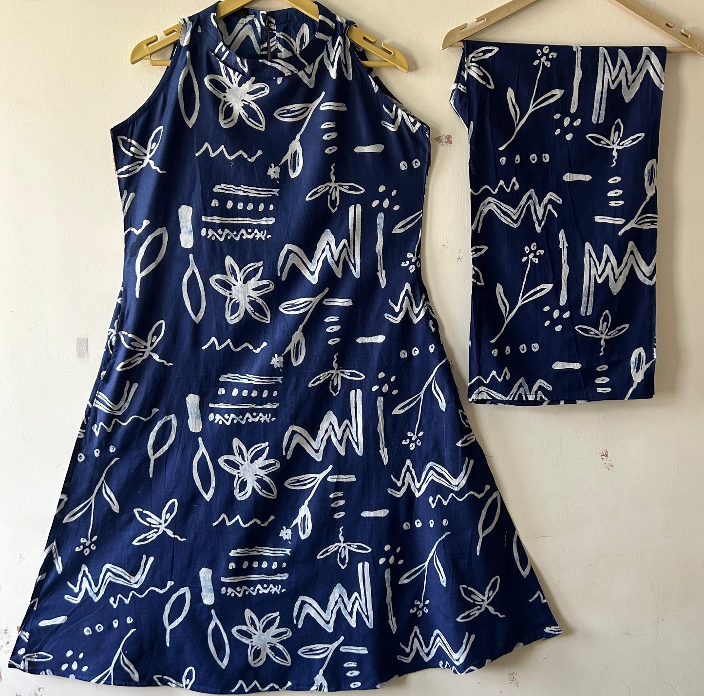 Indigo Blue Hand Block Print Halter Neck Kurta with Palazzo Set
