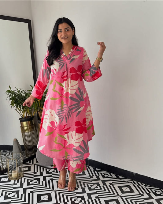 Tropical Floral Print V-Neck  Co-ord Set For Women