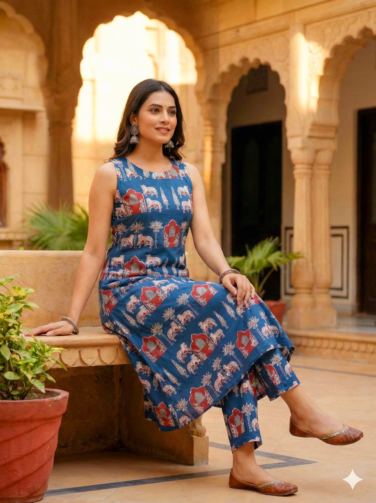 Navy Blue Cotton Sleeveless Ethnic Elephant Print Kurta with Pant Set For Women