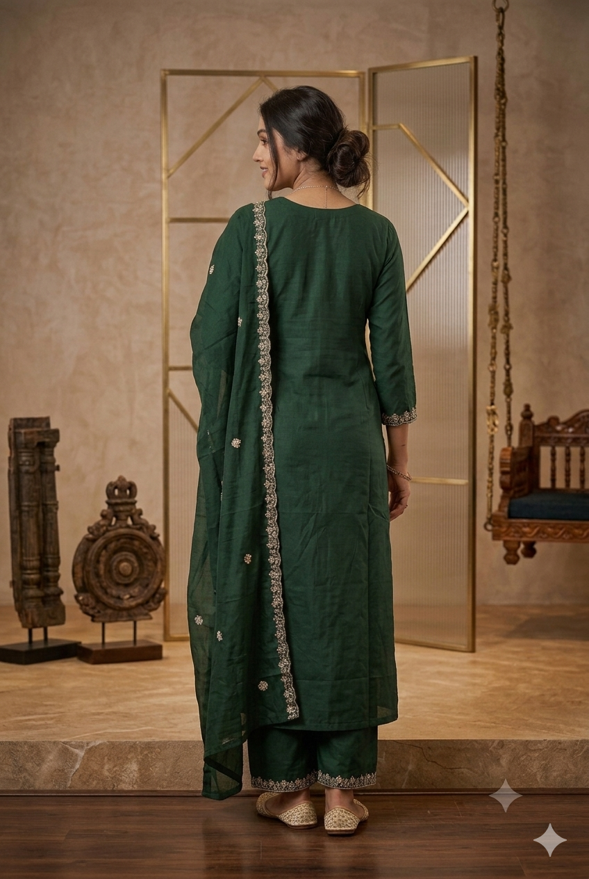Regal Deep Green Silk Kurta Set with Zari Embroidery, Pant & Scalloped Dupatta