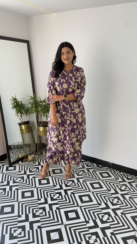 Lavender Cotton Floral Vine Print Kurta Pant Set with Lace Detail For Women