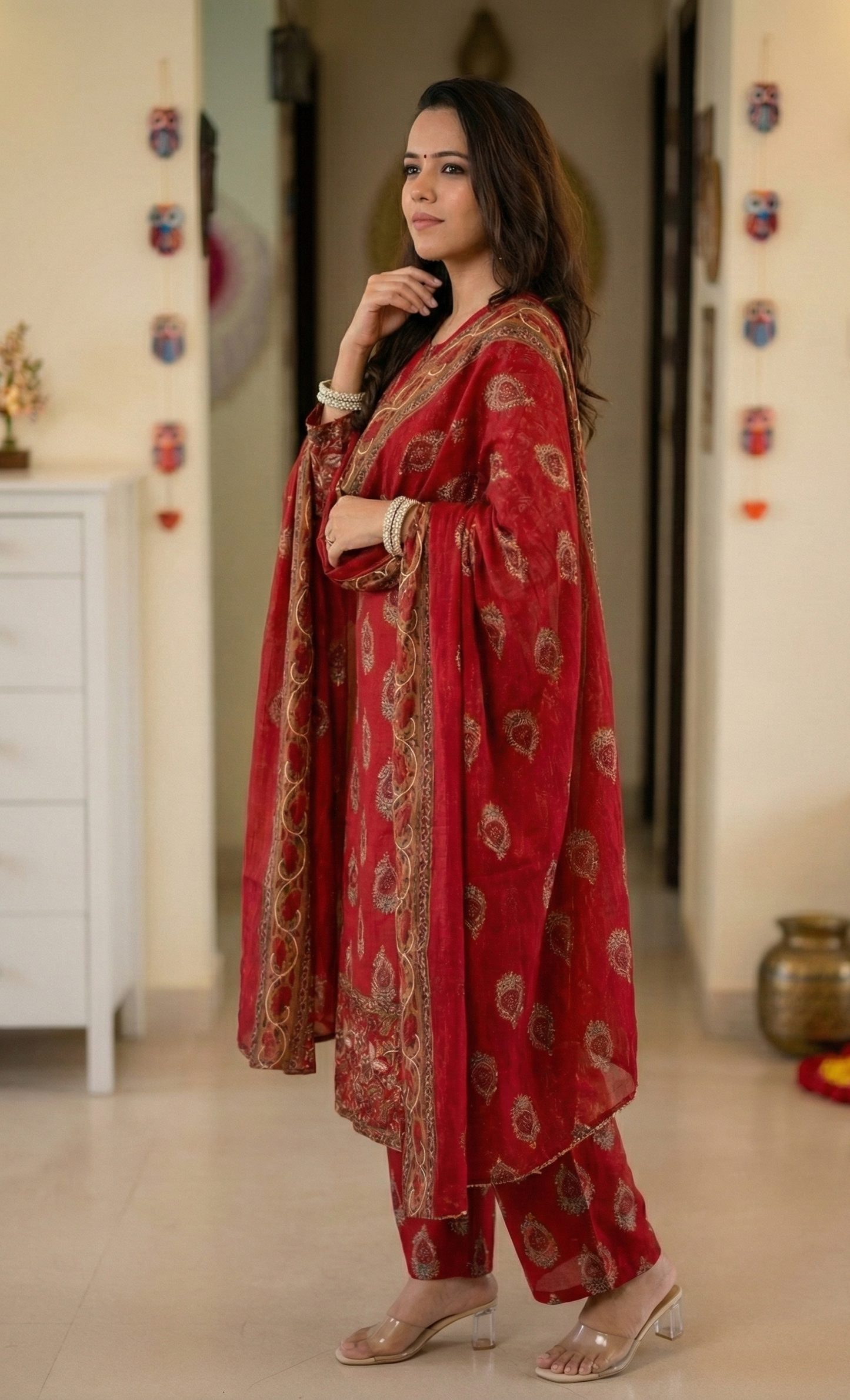 Red And Gold Cotton Block-Printed Traditional Kurta Pant Set with Dupatta For Women