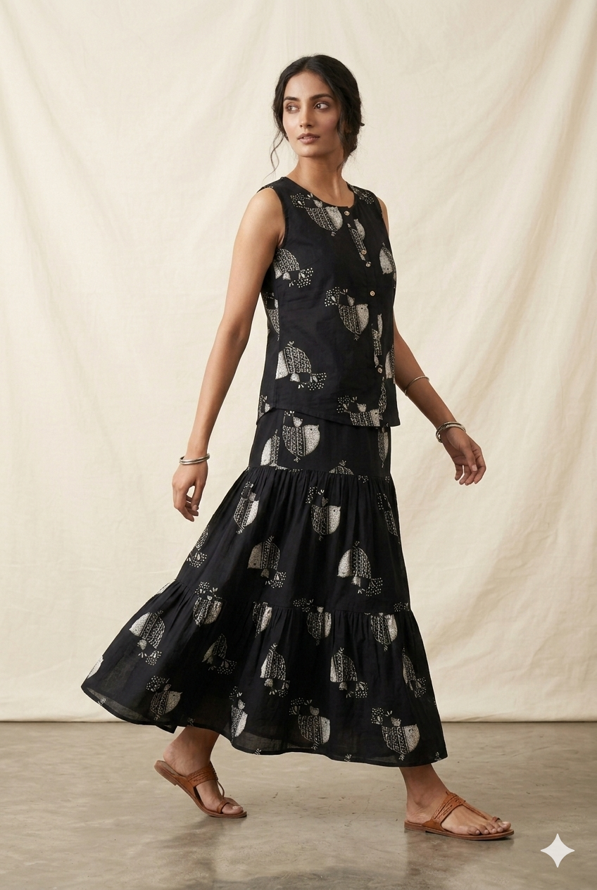 Midnight Block-Print Tiered Co-ord Set