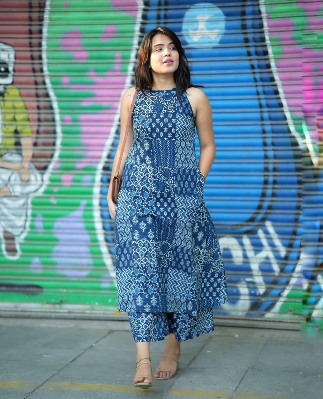 Indigo Blue Cotton Patchwork Print Sleeveless Kurta And Pant Set For Women