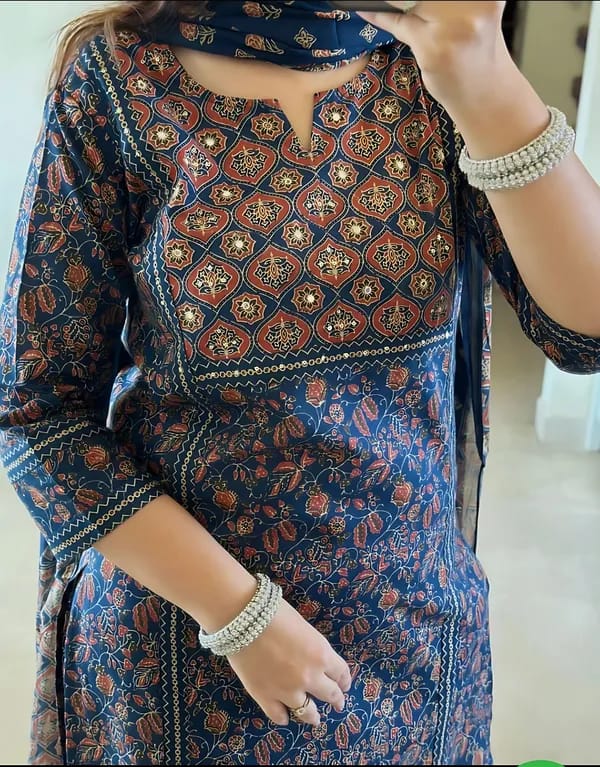 Classic Indigo Navy & Terracotta Block Print Cotton Suit Set with Embroidered Juttis & Bangles