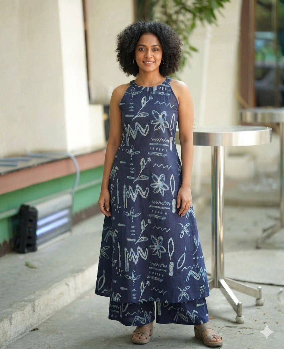 Indigo Blue Hand Block Print Halter Neck Kurta with Palazzo Set