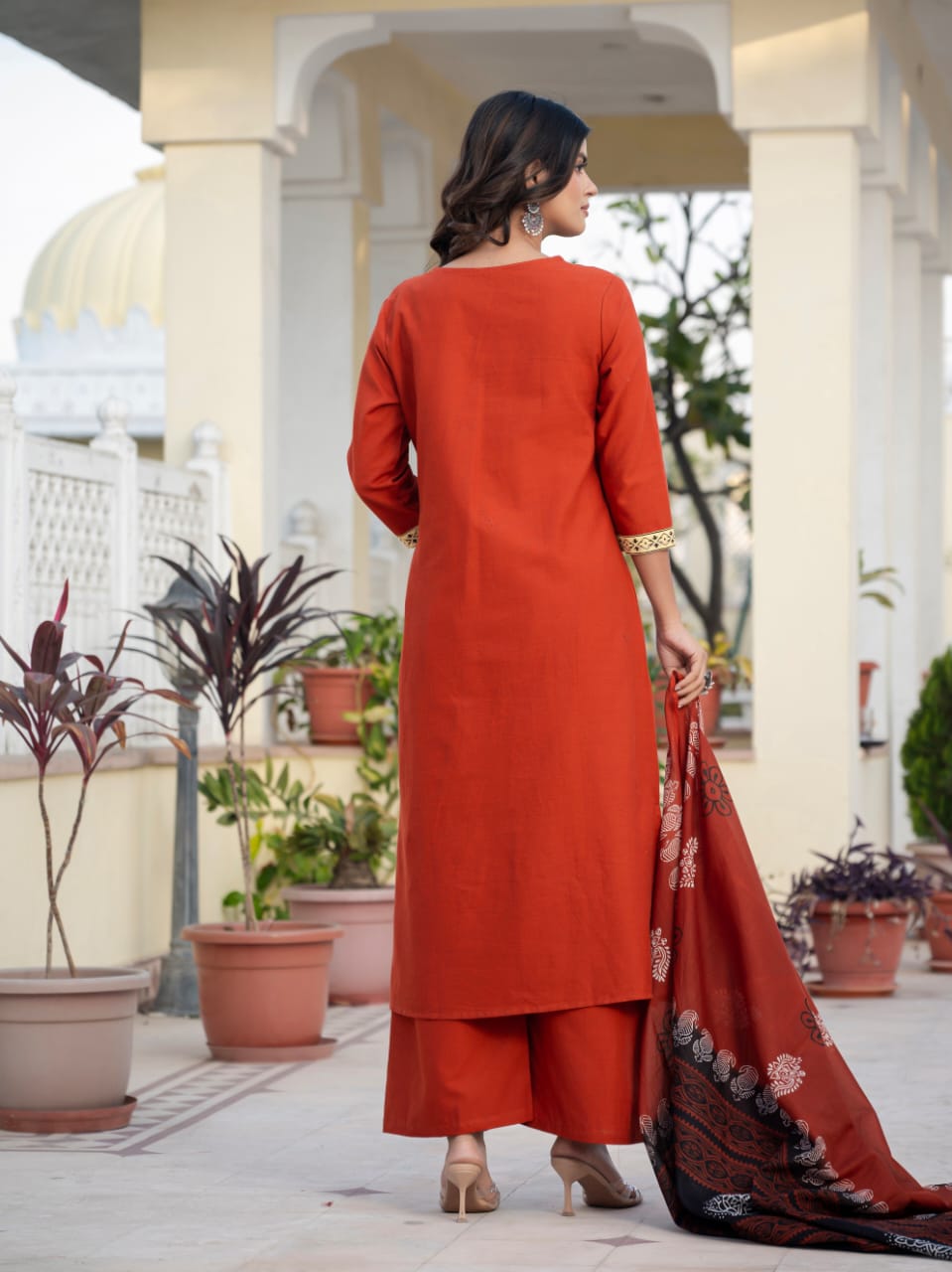 Classic Orange Cotton Patch Detailing Kurta Set with Dupatta For Women