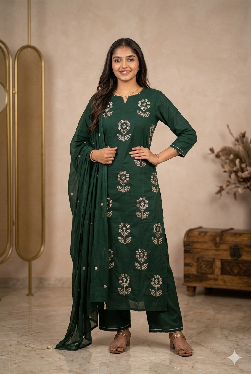 Elegant Bottle Green Floral Embroidered Kurta Set with Pant & Dupatta