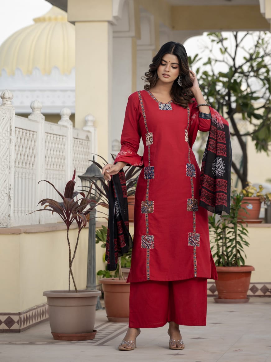 Classic Red Cotton Patch Detailing Kurta Set with Dupatta For Women
