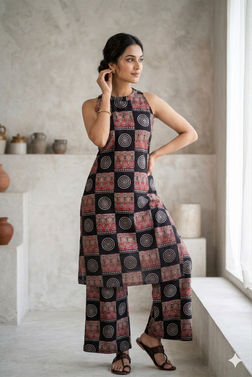 Women's Cotton Ajrakh Print Sleeveless Kurta and Palazzo Set - Black