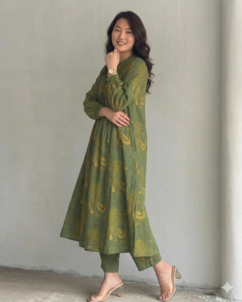 Women's Olive Green Printed Ethnic Co-ord Set