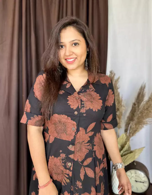 Women's New Black Midi Cotton Casual Dresses